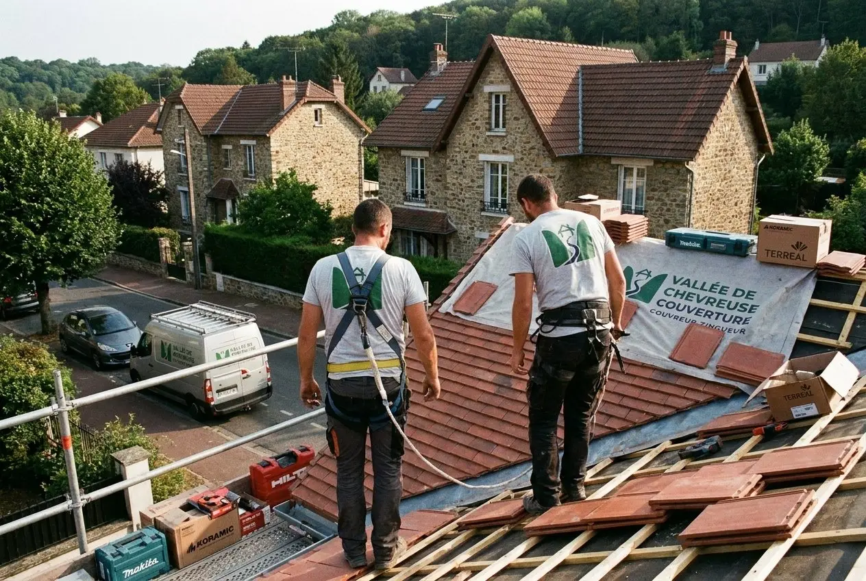 Deux couvreurs de Vallée de Chevreuse Couverture posant des tuiles plates en terre cuite sur une maison en meulière de Gif-sur-Yvette