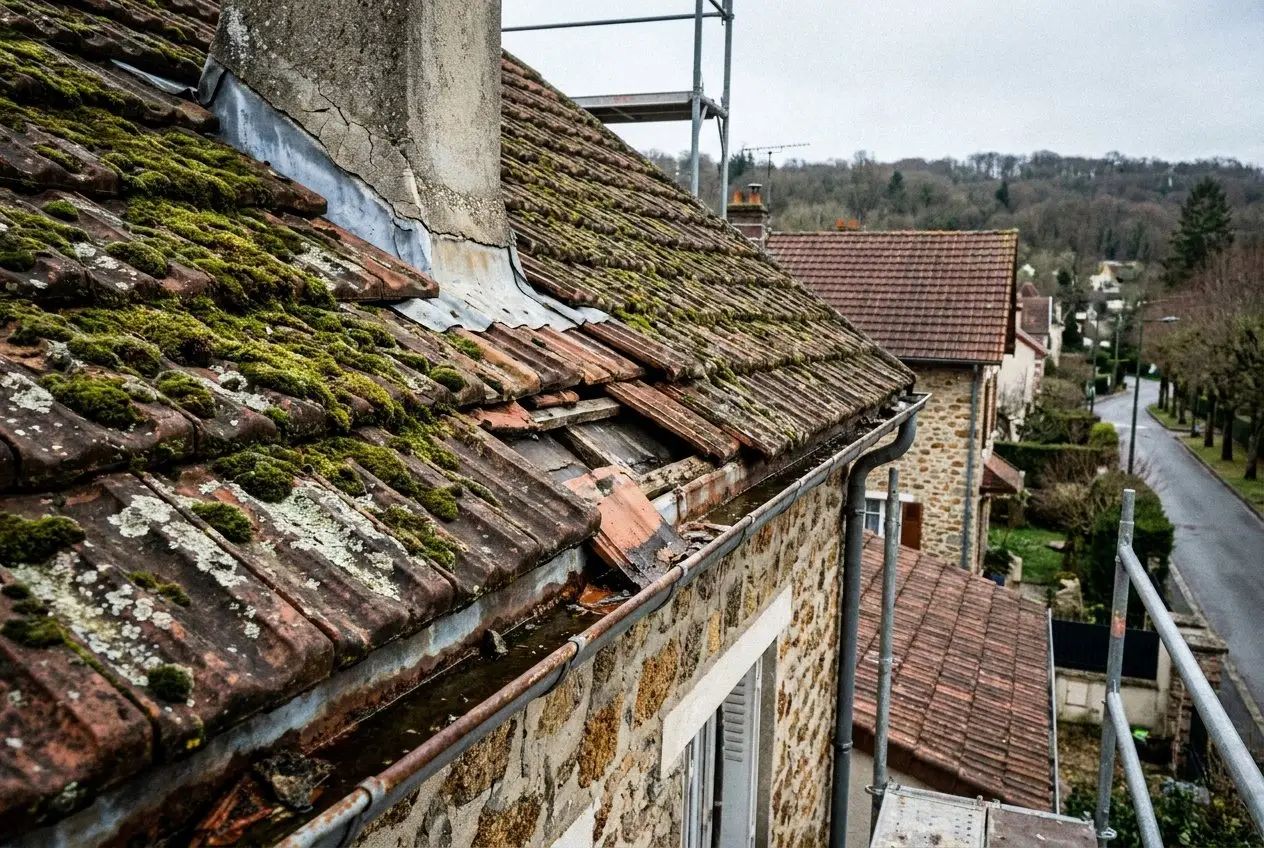 Avant travaux à Gif-sur-Yvette&nbsp;: toiture en tuiles couverte de mousse, tuiles cassées et gouttière encombrée sur une maison en meulière