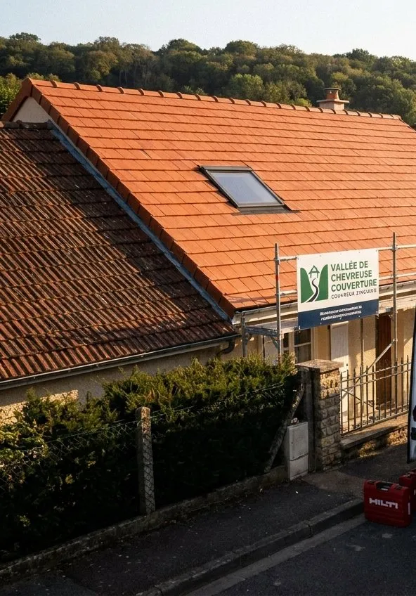 Toiture refaite en tuiles terre cuite avec fenêtre de toit à Gif-sur-Yvette, panneau Vallée de Chevreuse Couverture sur l'échafaudage