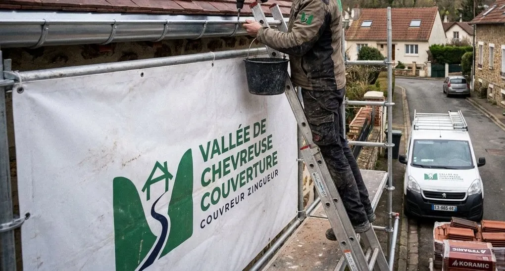 Zingueur de Vallée de Chevreuse Couverture fixant une gouttière pendante en zinc à Gif-sur-Yvette, bâche du chantier sur l'échafaudage